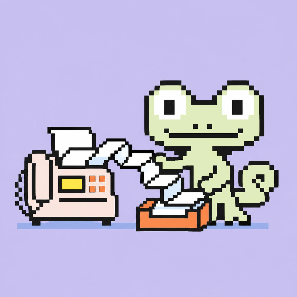 Pixel-Maskottchen ordnet einen Papierstreifen aus einem Faxgerät