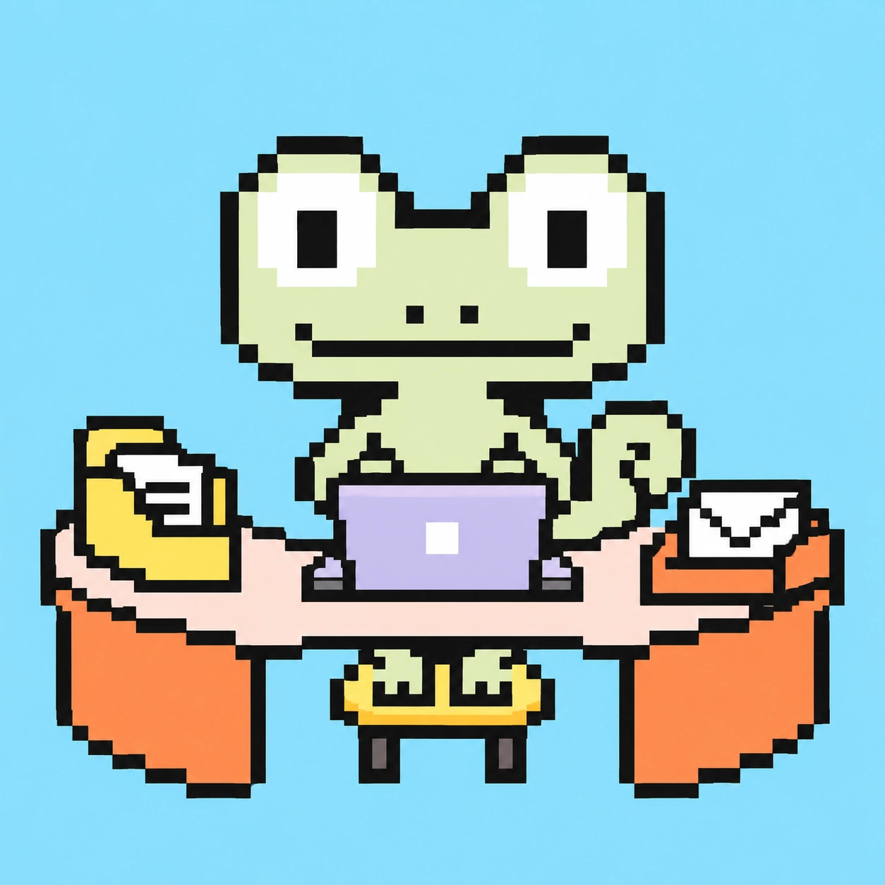 Pixel-Maskottchen arbeitet am Laptop zwischen Ordnern und Postablage