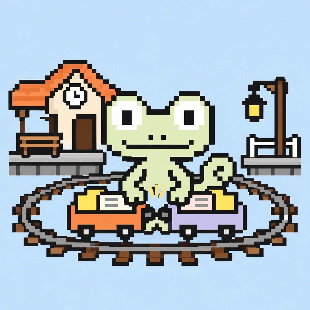 Pixel-Maskottchen verbindet zwei Wagen voller Arbeitsunterlagen