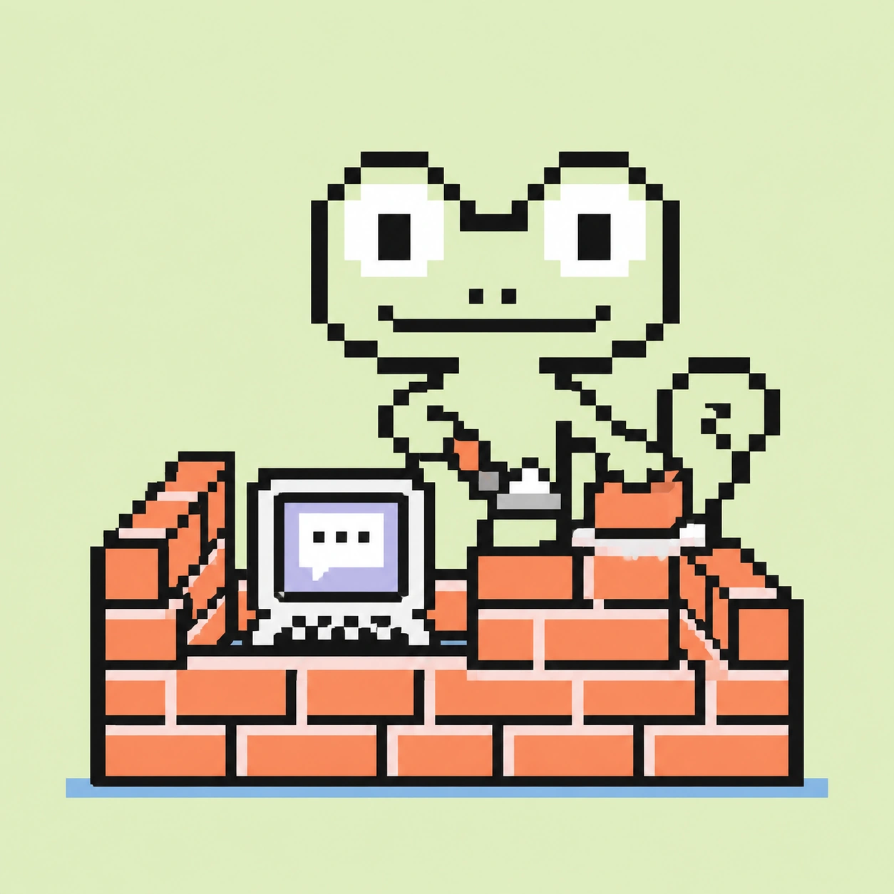 Pixel mascot building a protective wall around a chat terminal
