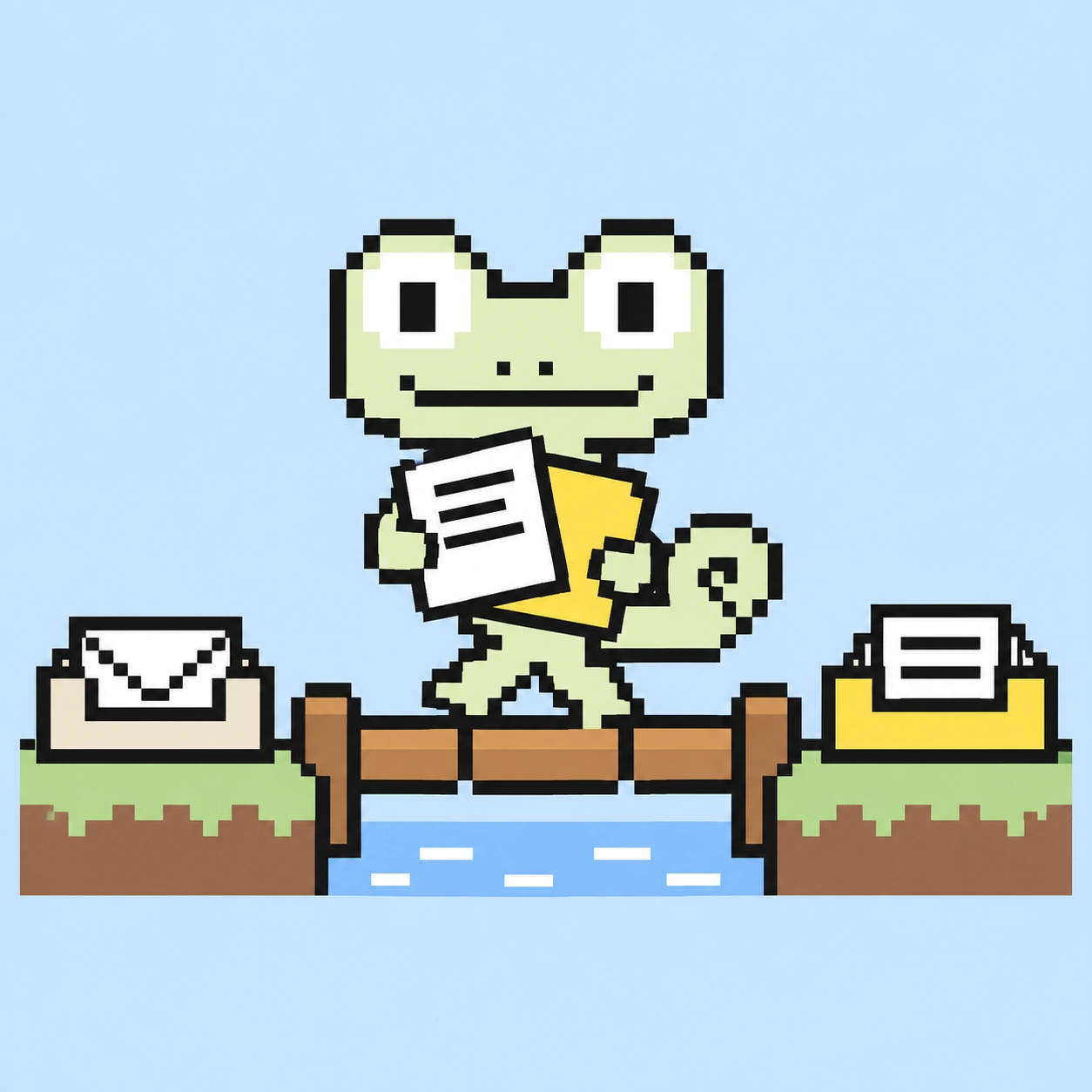 Pixel-Maskottchen trägt Dokumente über eine Brücke zwischen Arbeitsablagen