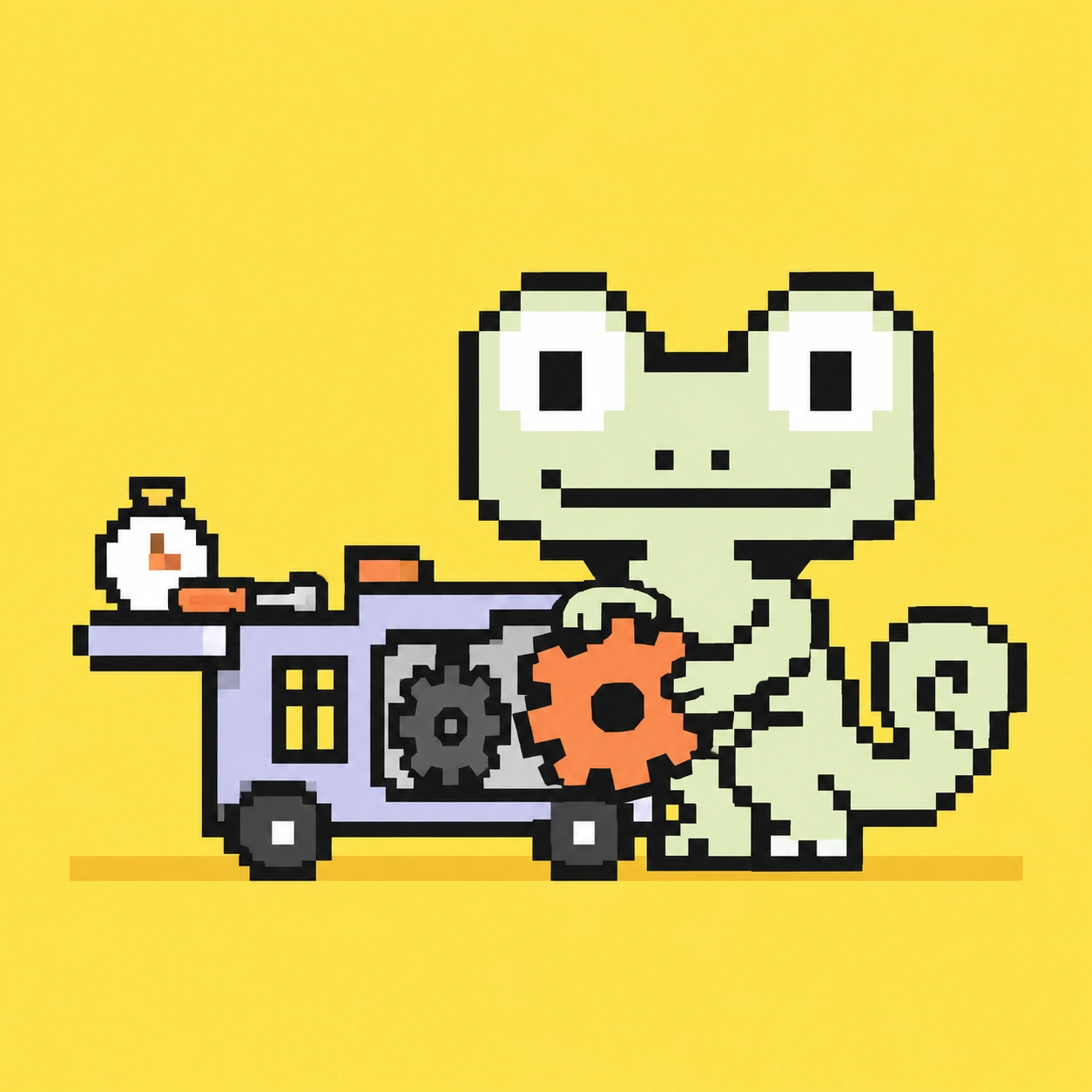 Pixel-Maskottchen wechselt ein Zahnrad an einer kleinen Prozessmaschine