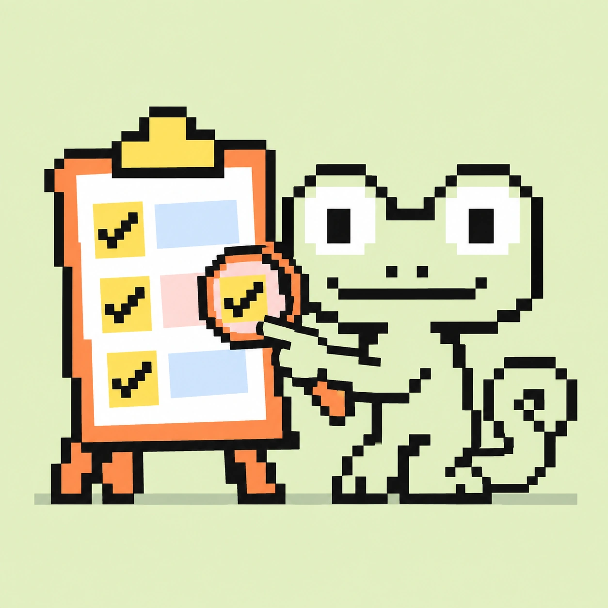 Pixel mascot examining a checklist with a magnifying glass