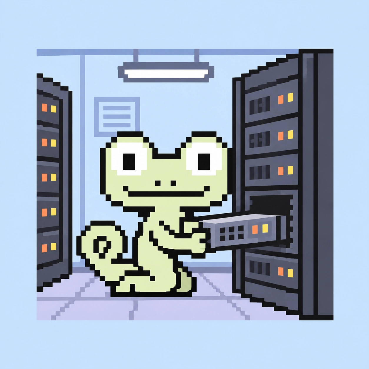 Pixel mascot sliding a server into a rack