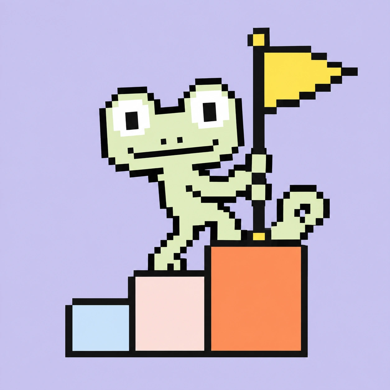 Pixel-Maskottchen setzt eine Meilensteinflagge auf eine Treppe