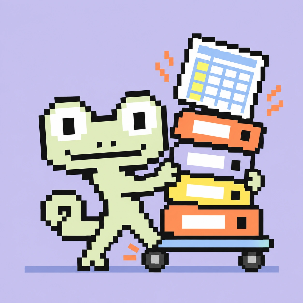 Pixel-Maskottchen stabilisiert einen Stapel Büroordner auf einem Wagen