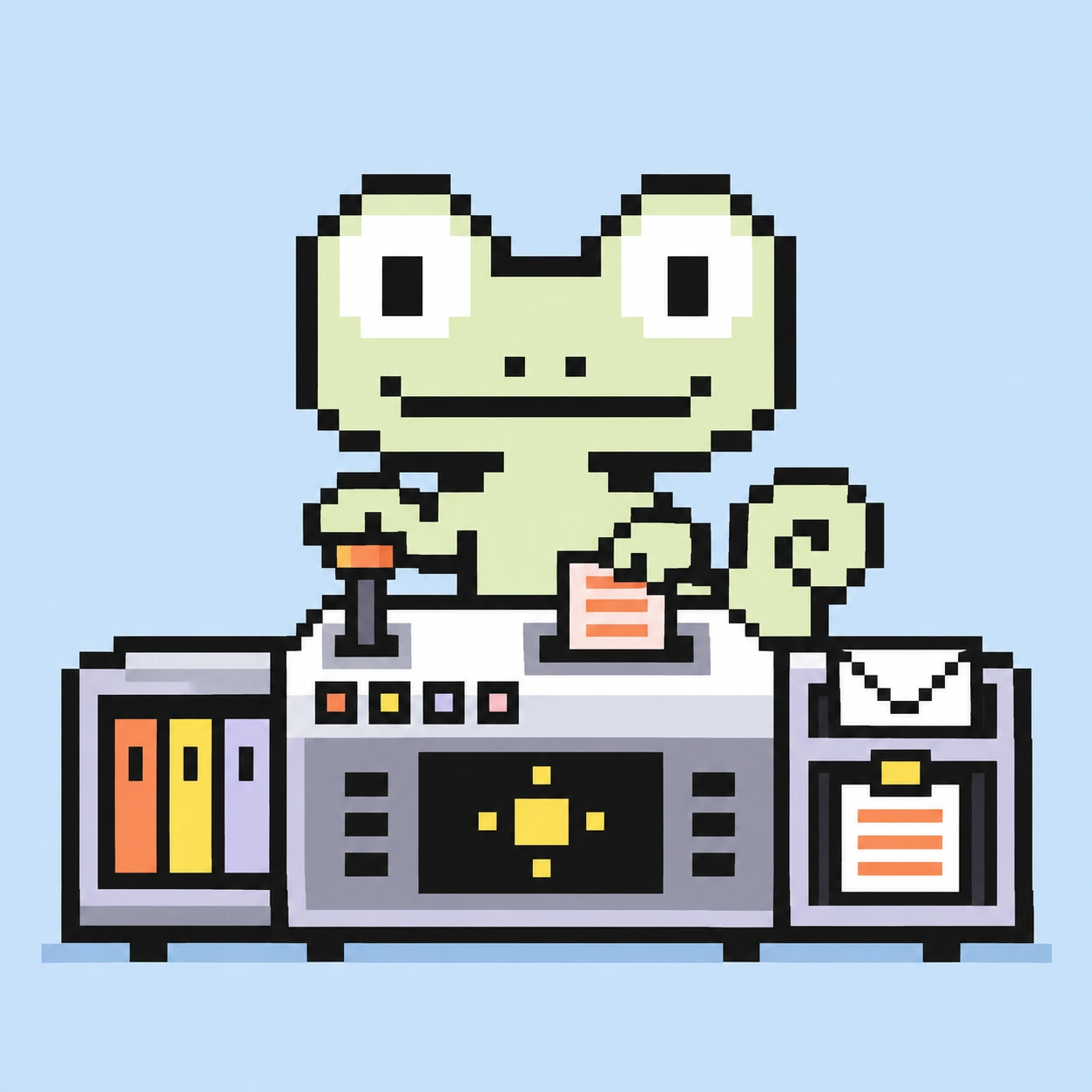 Pixel mascot operating a control desk for documents and tasks