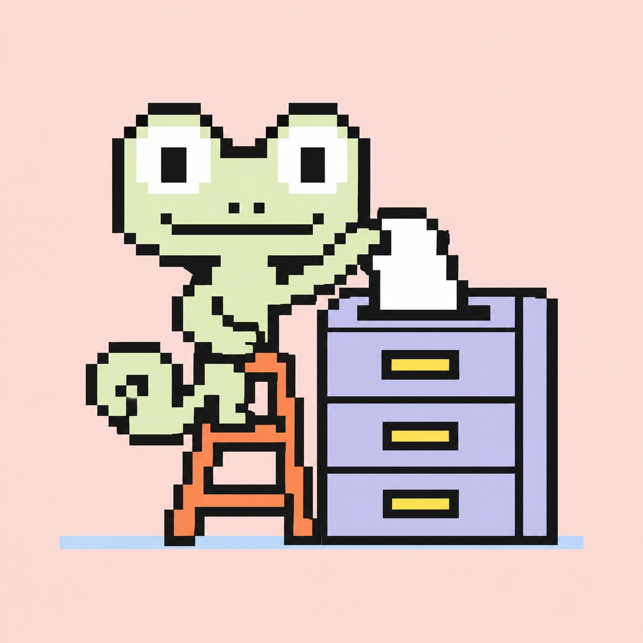 Pixel-Maskottchen sortiert Dokumente von einer kleinen Leiter aus