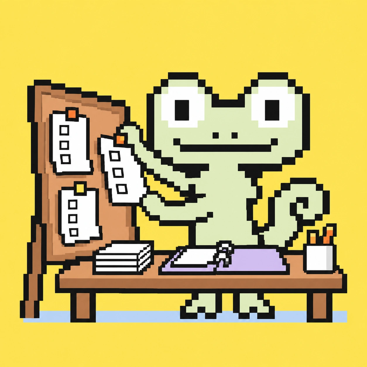 Pixel-Maskottchen überträgt eine Seite aus einem Ordner auf ein Aufgabenbrett