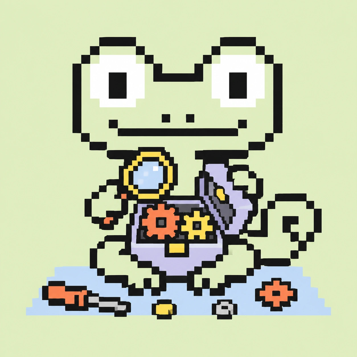 Pixel-Maskottchen untersucht das offene Innenleben einer Maschine