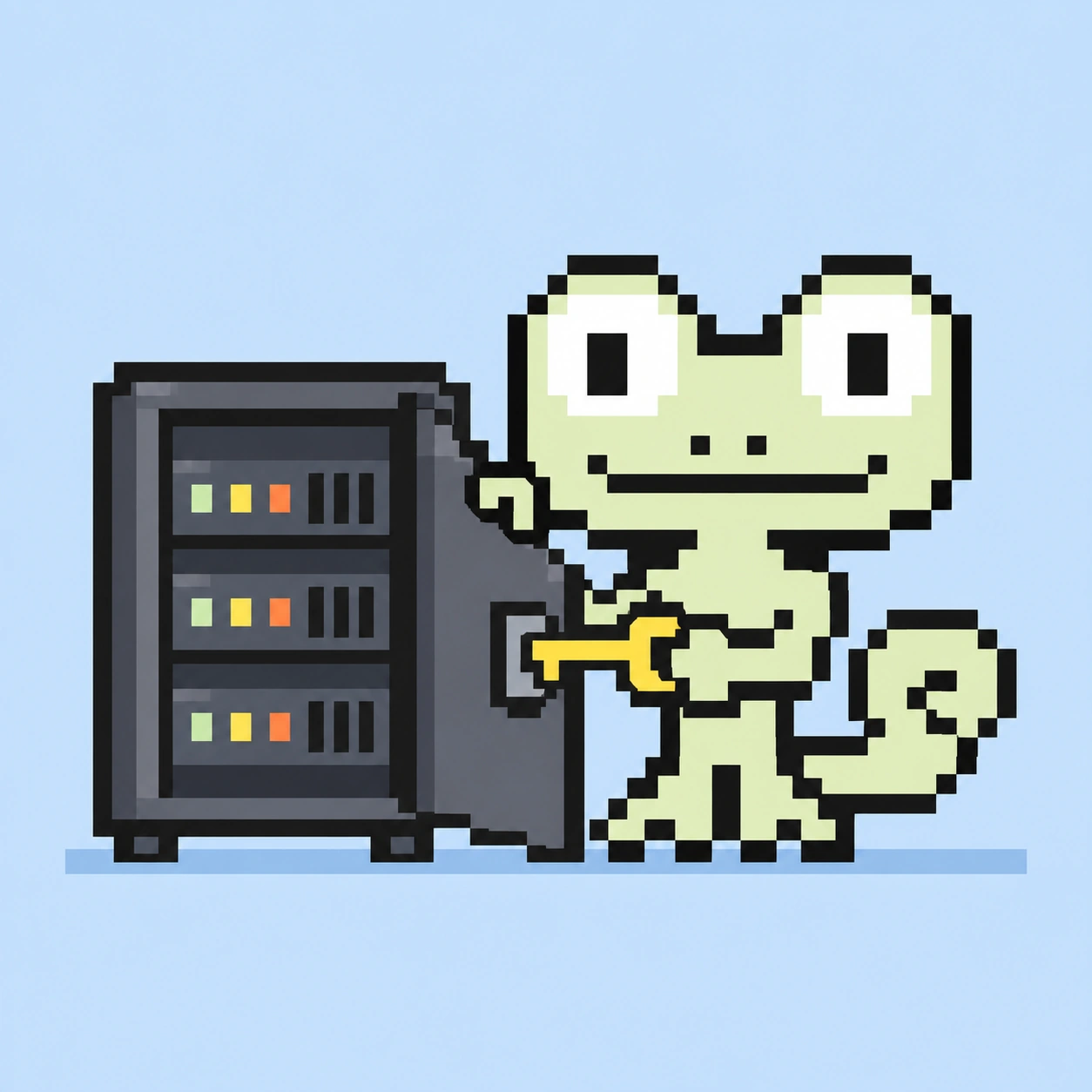 Pixel-Maskottchen öffnet einen Serverschrank mit einem Schlüssel