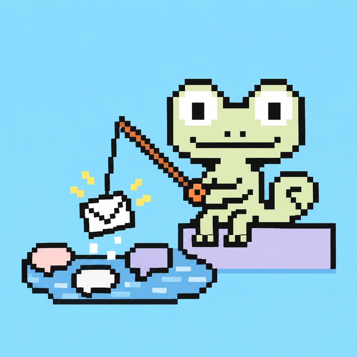 Pixel-Maskottchen angelt eine Nachricht aus einem Becken voller Chatblasen