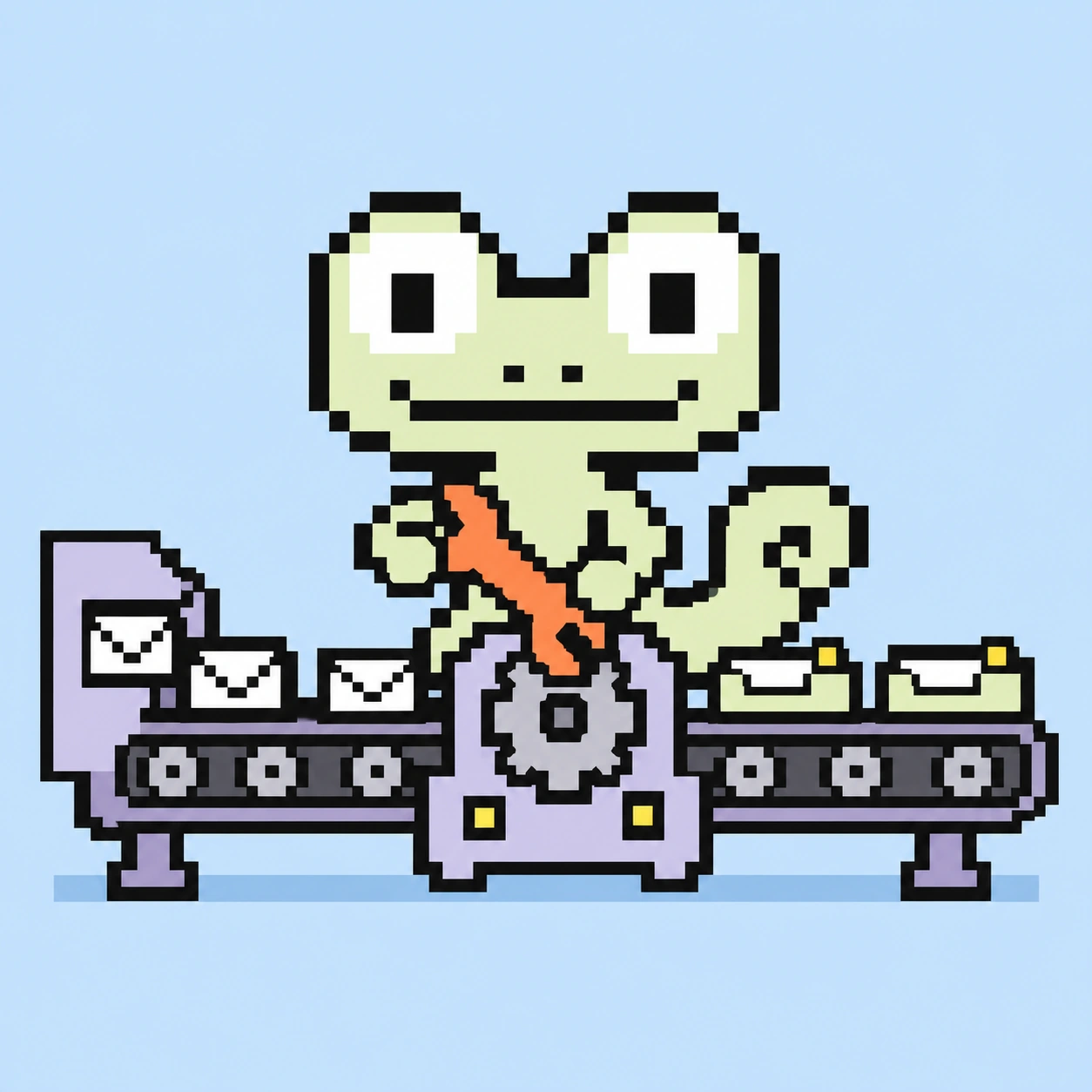 Pixel-Maskottchen repariert mit einem Schraubenschlüssel eine Workflow-Maschine