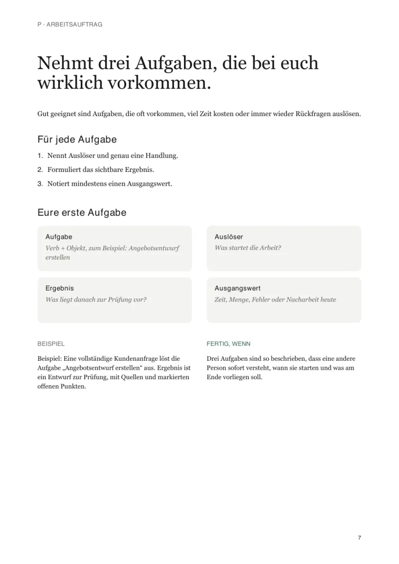 Seite 7 des Arbeitsbuchs mit dem Arbeitsauftrag zu Schritt P