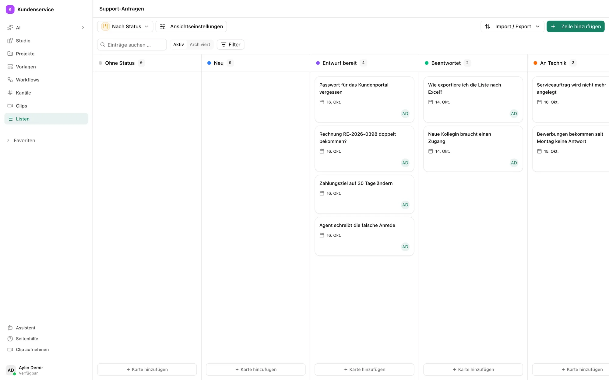 Board der Support-Anfragen im Pharen Hub mit den Spalten Neu, Entwurf bereit, Beantwortet und An Technik.