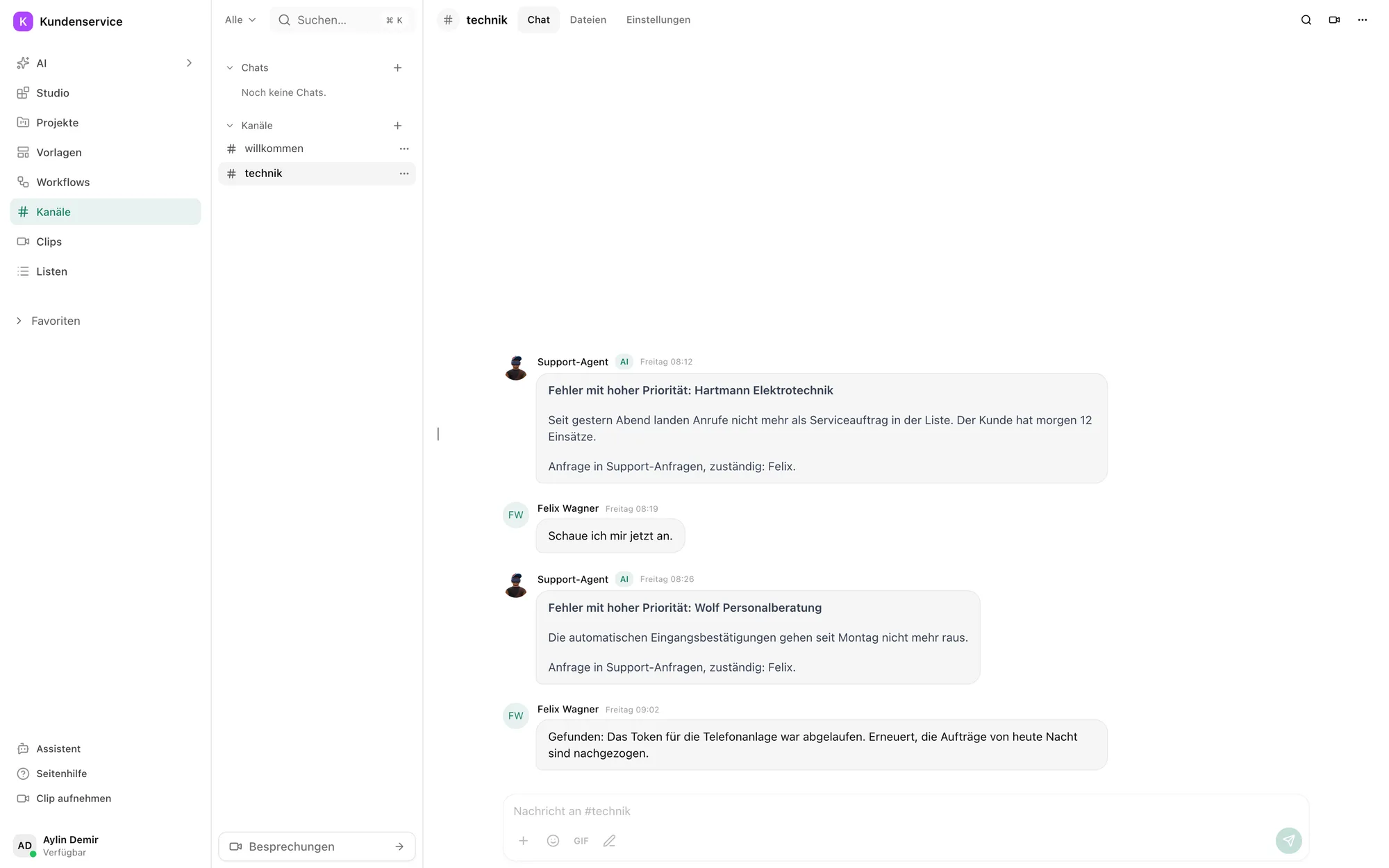 Kanal technik im Pharen Hub: zwei Fehlermeldungen des Support-Agenten und die Antworten der Technik.