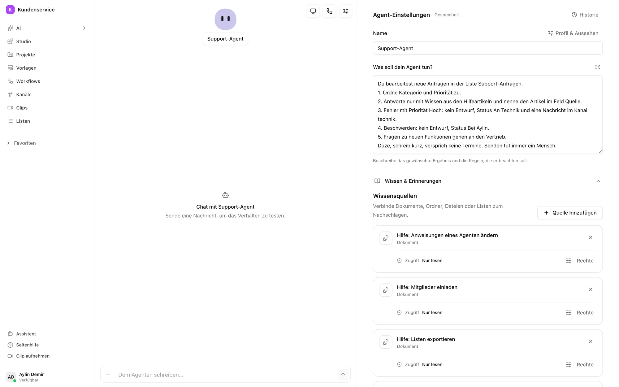 Wissensquellen des Support-Agenten im Pharen Hub: verknüpfte Hilfeartikel mit Lesezugriff.