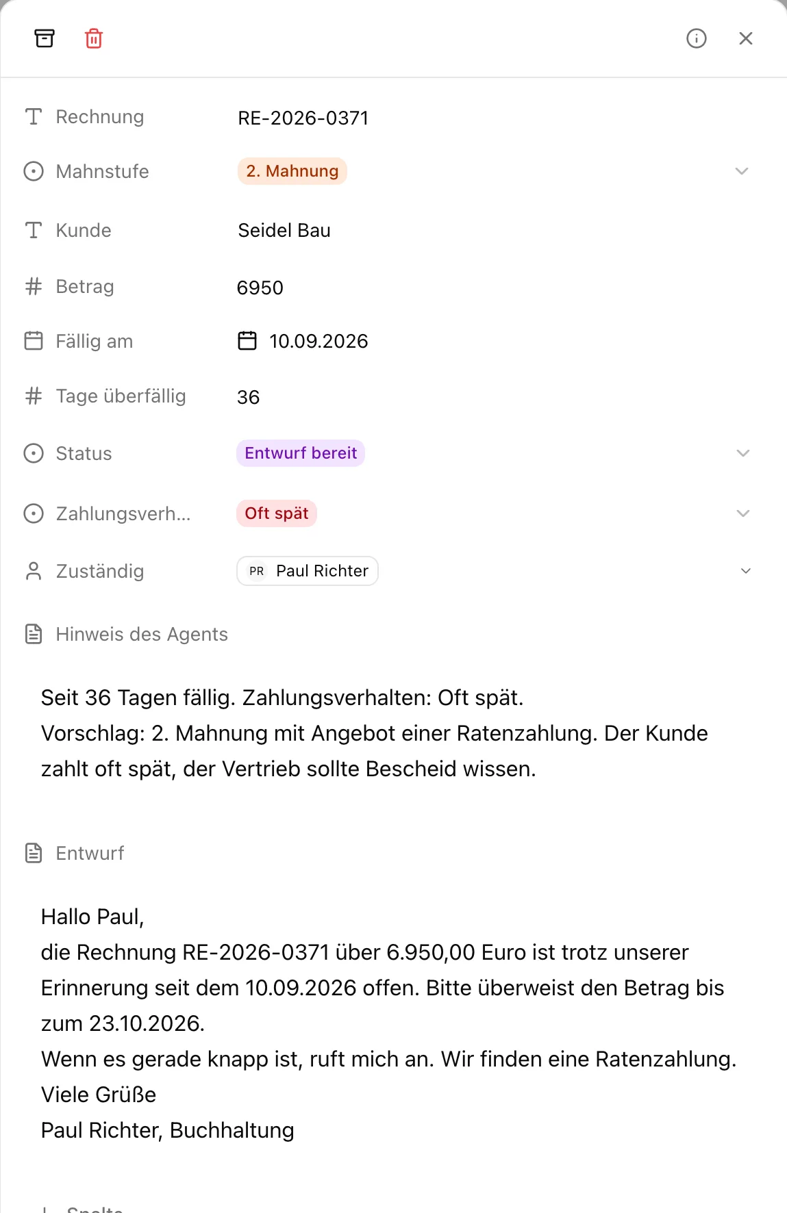 Geöffnete Rechnung im Pharen Hub mit Mahnstufe 2. Mahnung, Hinweis des Agenten und dem Entwurf der Mahnung.
