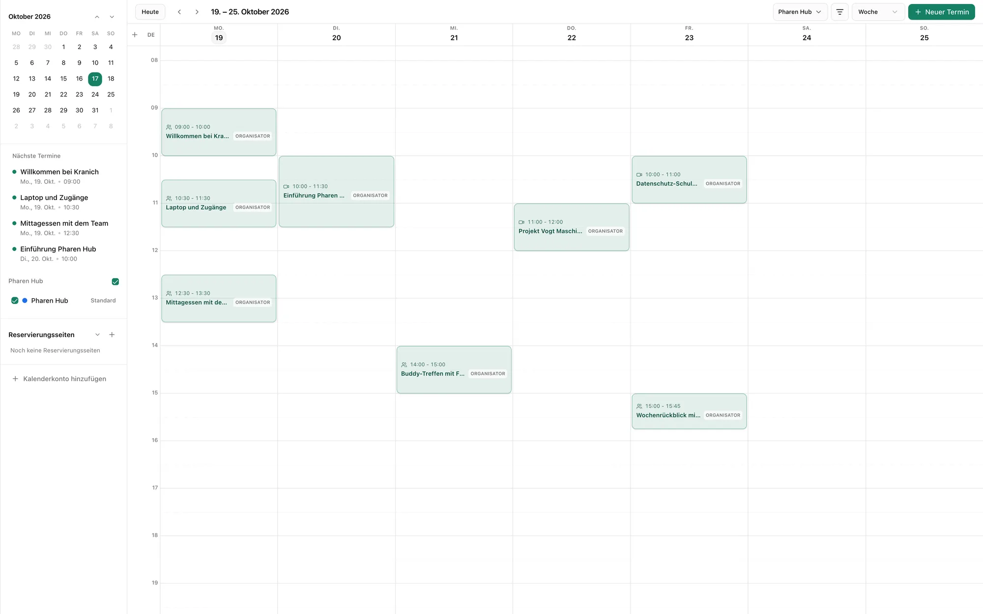 Wochenansicht im Kalender des Pharen Hub mit den Terminen der ersten Arbeitswoche.