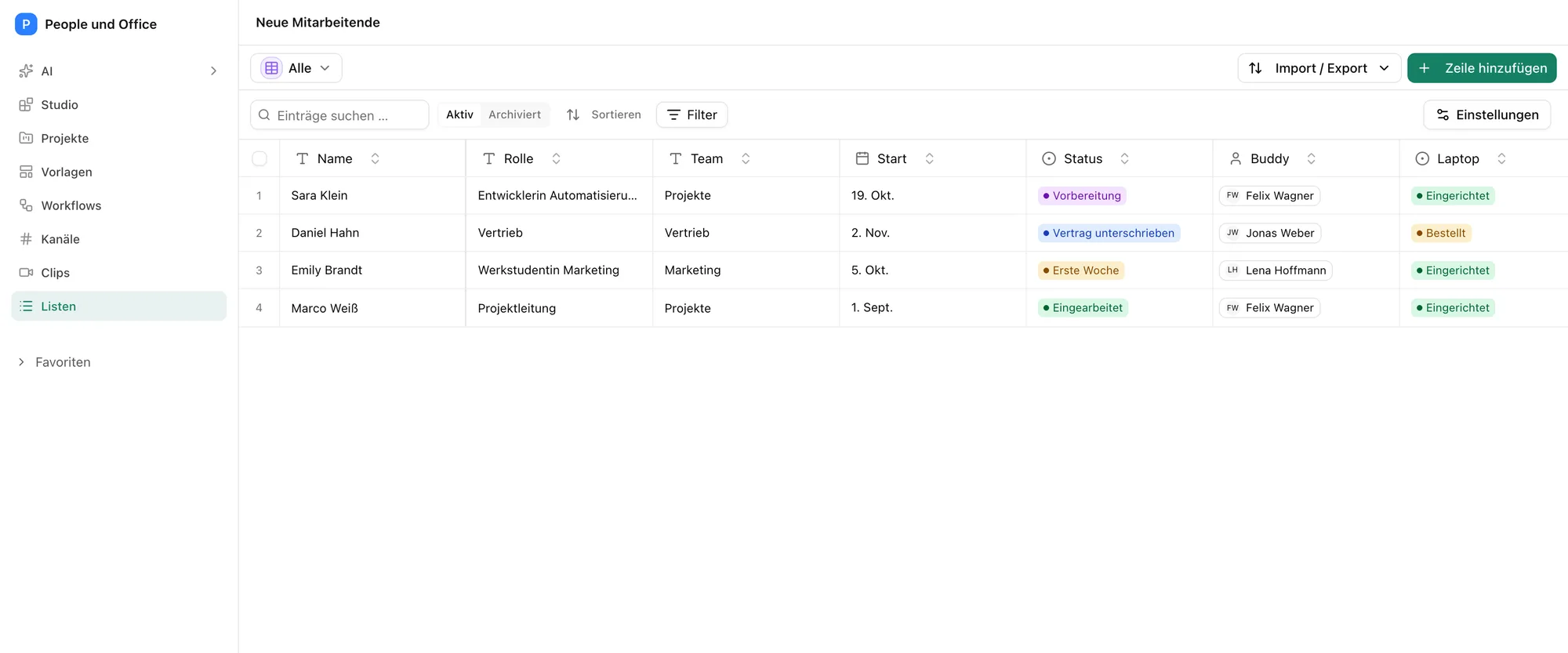 Onboarding neuer Mitarbeiter im Pharen Hub: die Liste Neue Mitarbeitende mit Rolle, Team, Start, Status, Buddy und Laptop.