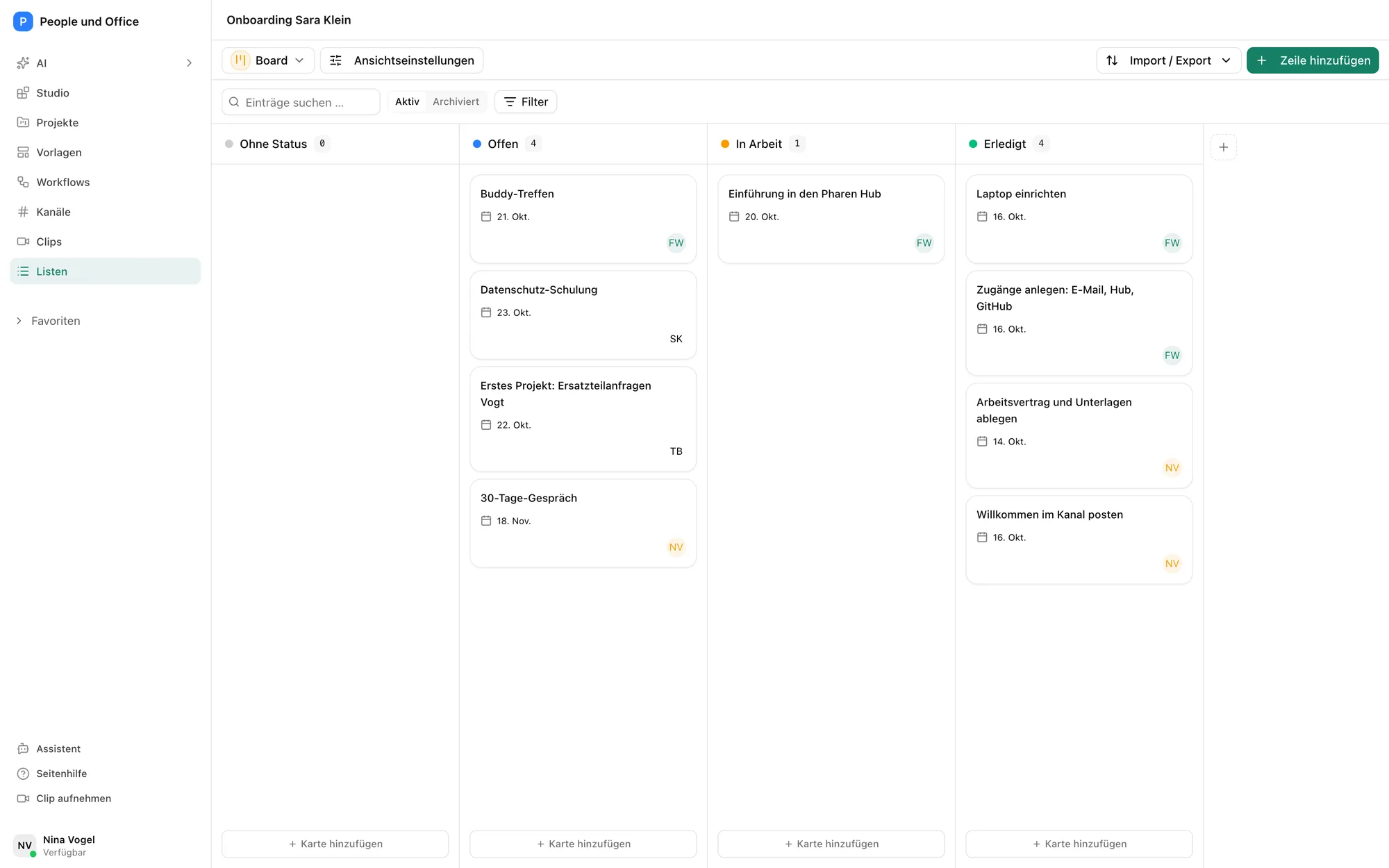 Board der Onboarding-Aufgaben im Pharen Hub mit den Spalten Offen, In Arbeit und Erledigt.