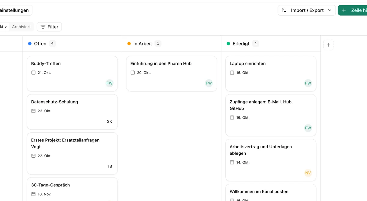 Board der Onboarding-Aufgaben im Pharen Hub mit den Spalten Offen, In Arbeit und Erledigt.