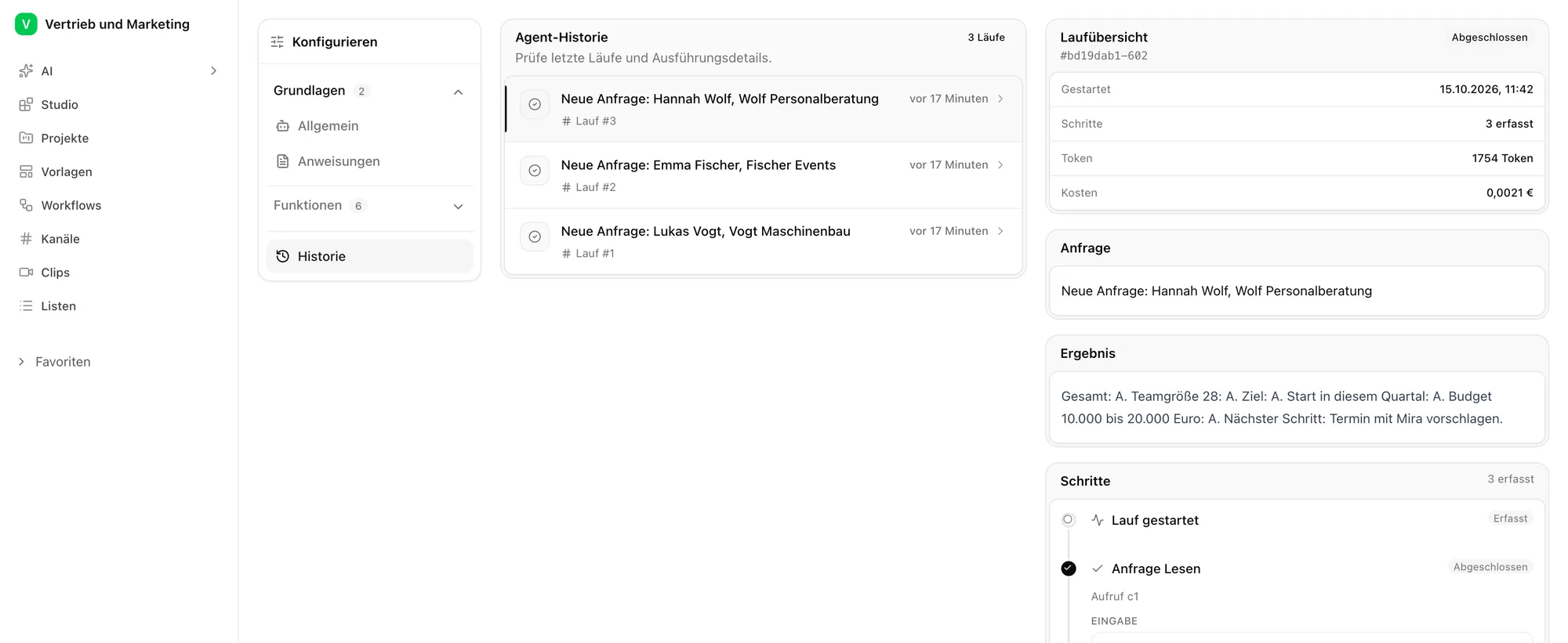 Historie des Agenten Lead-Bewerter im Pharen Hub: drei abgeschlossene Läufe, rechts die Laufübersicht mit Anfrage und Ergebnis für Hannah Wolf.
