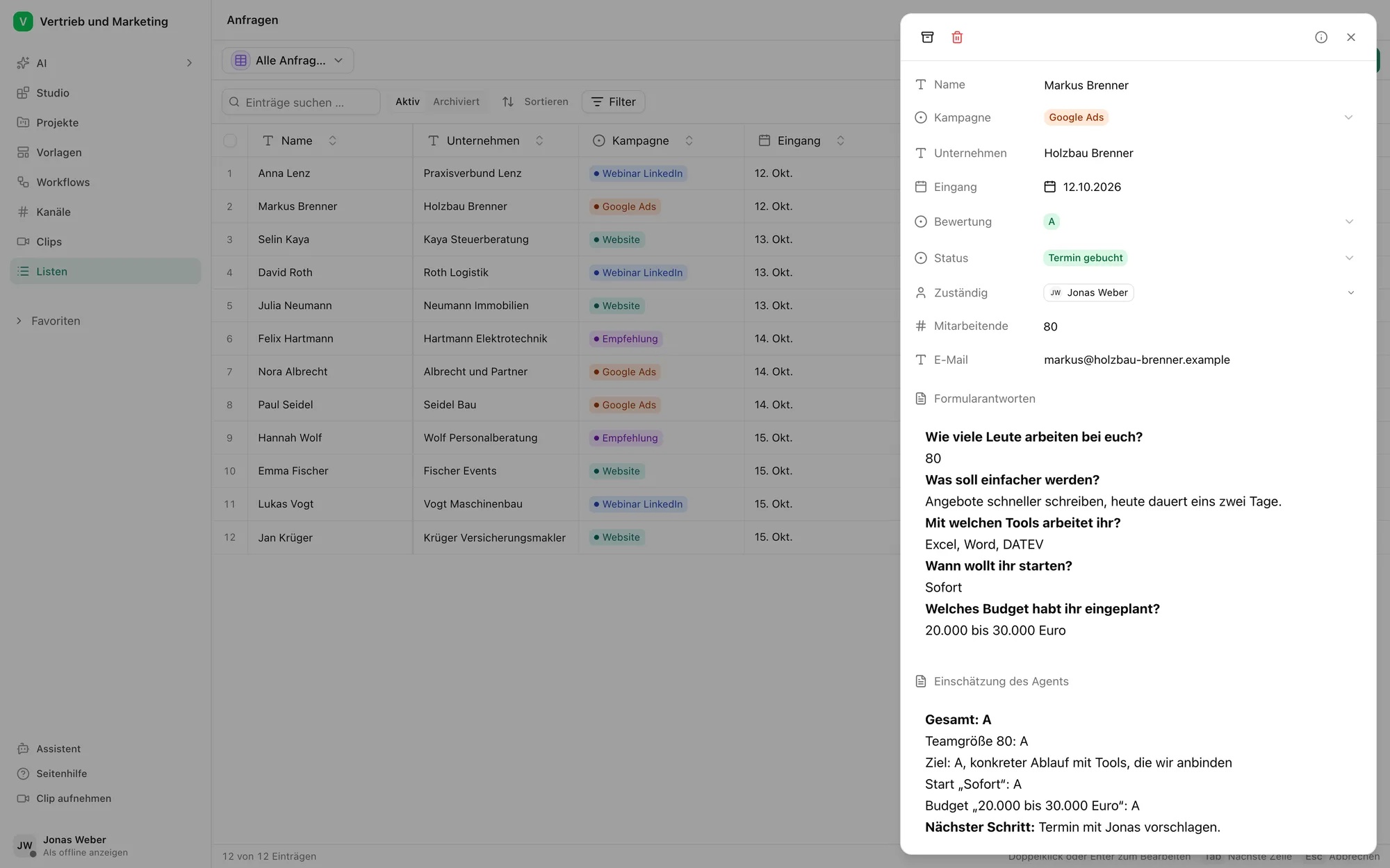 Geöffnete Anfrage von Markus Brenner im Pharen Hub: Formularantworten untereinander, darunter die Einschätzung des Agents mit Gesamtnote A und je einer Note für Teamgröße, Ziel, Start und Budget.