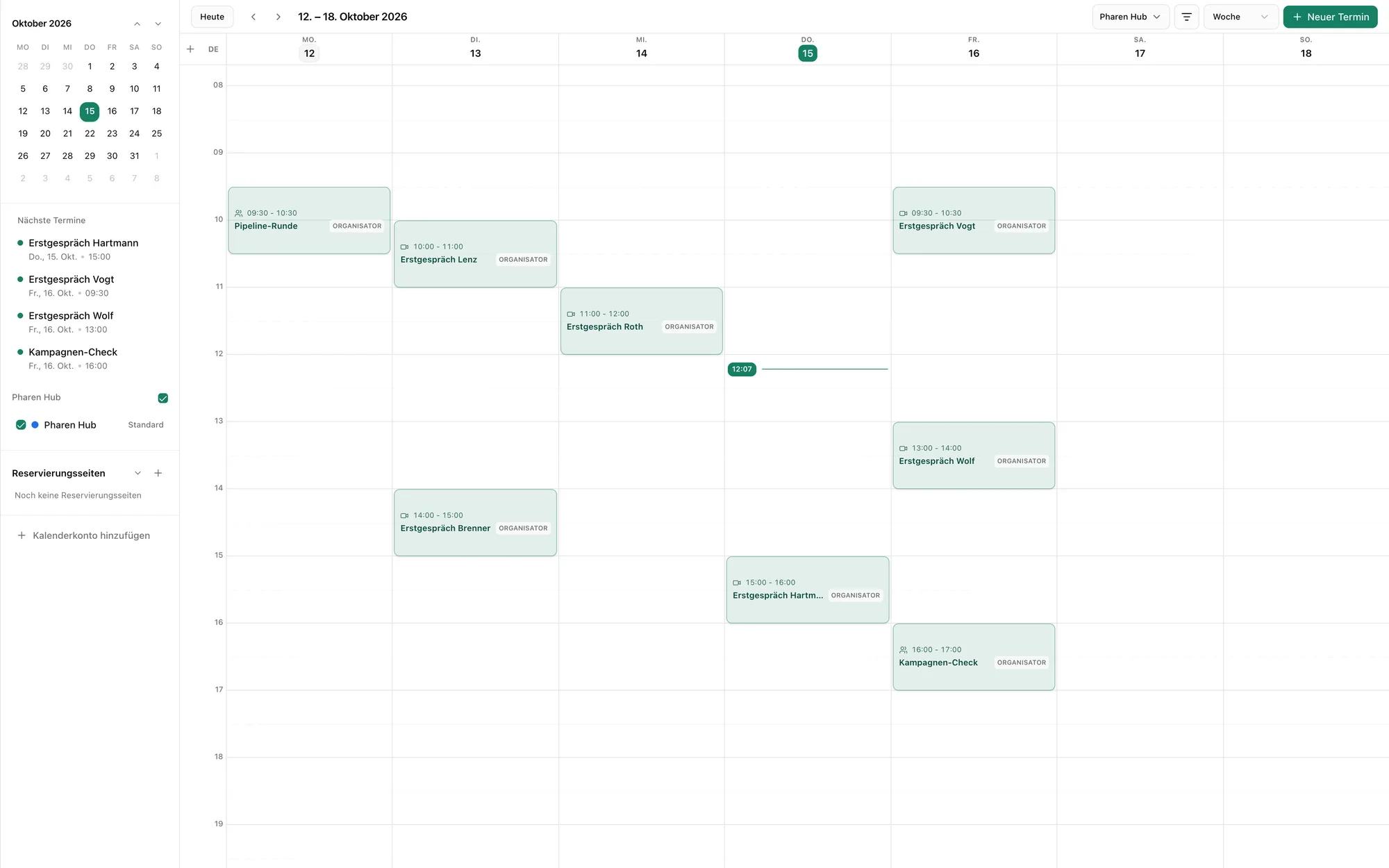 Wochenansicht im Kalender des Pharen Hub vom 12. bis 18. Oktober mit sechs Erstgesprächen, einer Pipeline-Runde und einem Kampagnen-Check.