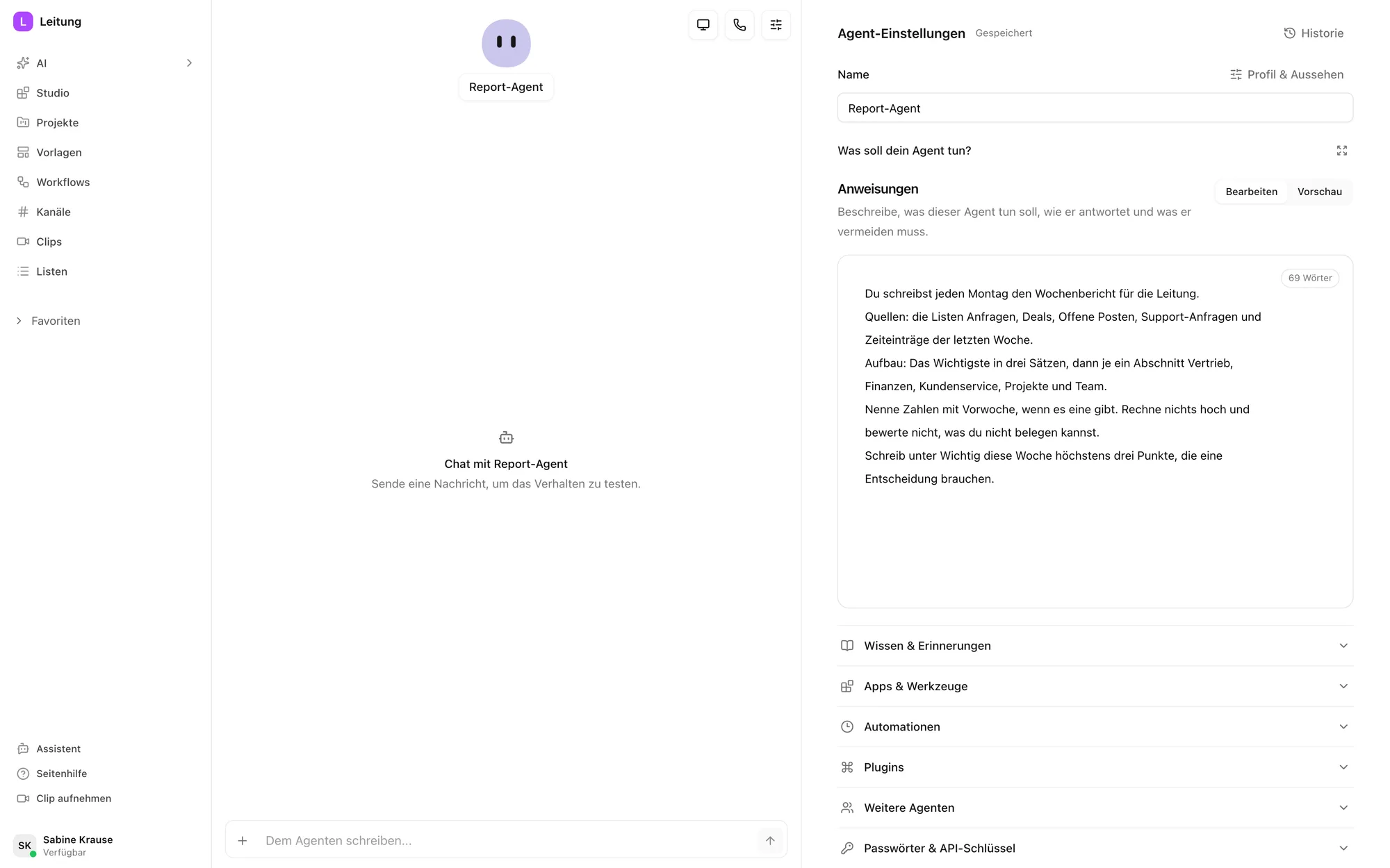 Anweisungen des Report-Agenten im Pharen Hub: Quellen, Aufbau des Berichts und die Regel, nichts hochzurechnen.