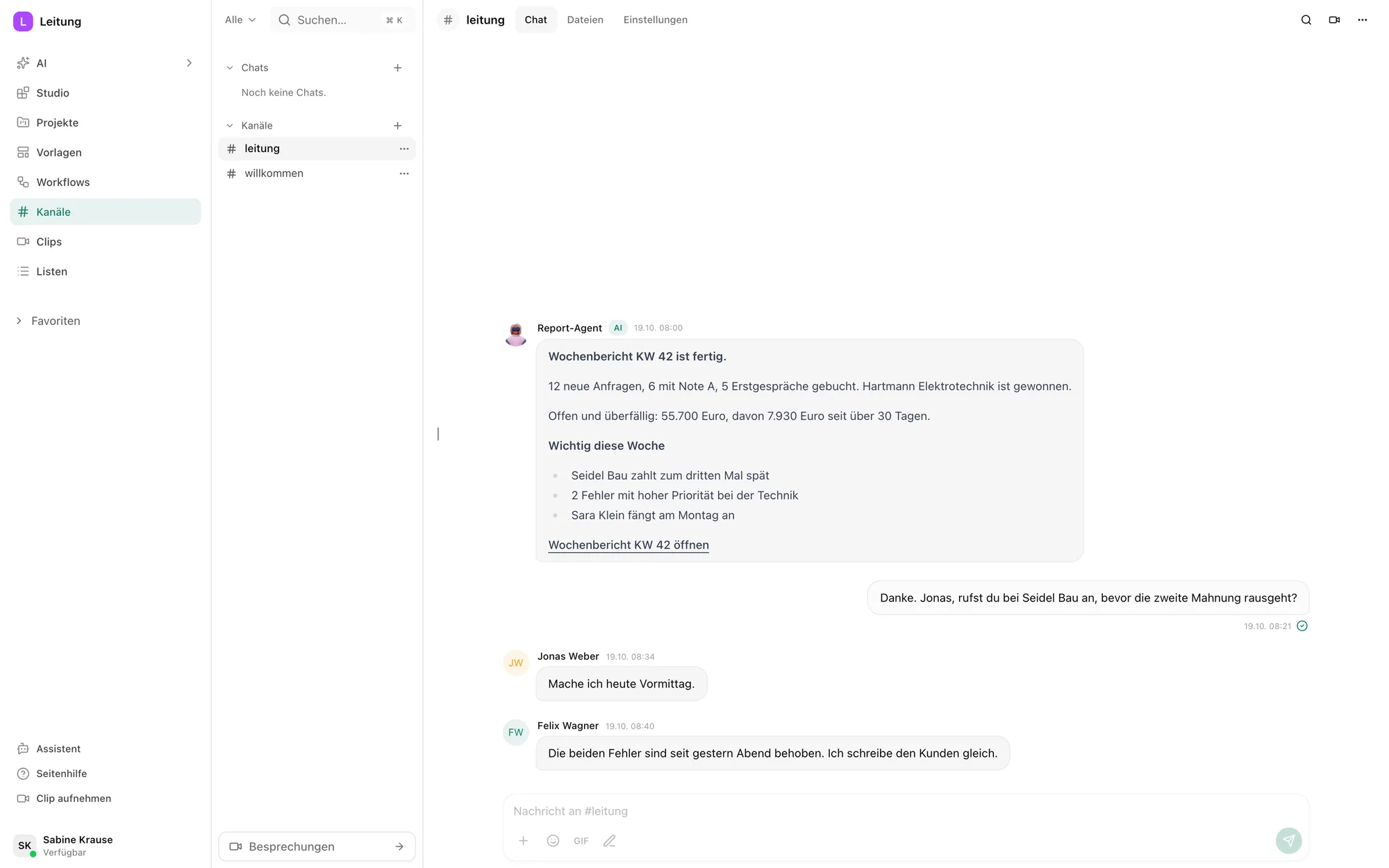 Kanal leitung im Pharen Hub: Kurzfassung des Wochenberichts vom Report-Agenten, darunter Antworten aus dem Team.