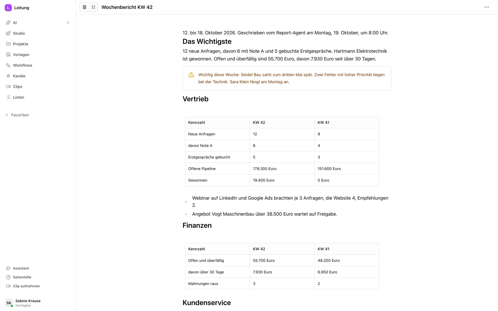 Management Reporting im Pharen Hub: der Wochenbericht als Dokument mit dem Wichtigsten, einem Hinweis und Tabellen zu Vertrieb und Finanzen im Vergleich zur Vorwoche.