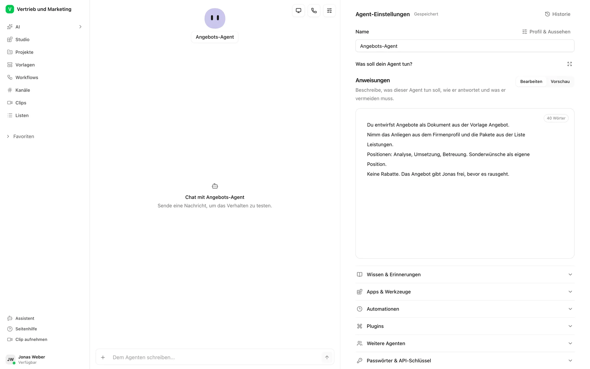 Anweisungen des Angebots-Agenten im Pharen Hub: Vorlage, Pakete, Positionen und die Regel, keine Rabatte zu geben.