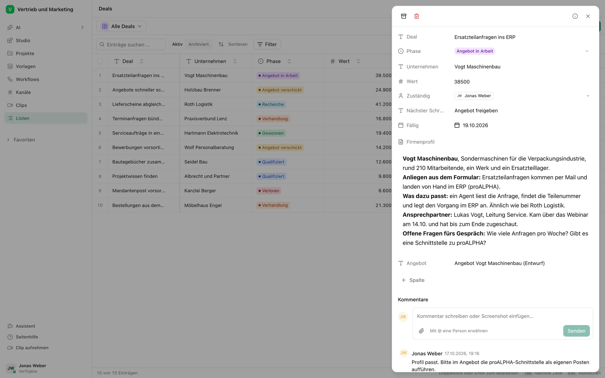 Geöffneter Deal im Pharen Hub mit Phase, Wert und dem Firmenprofil des Recherche-Agenten.