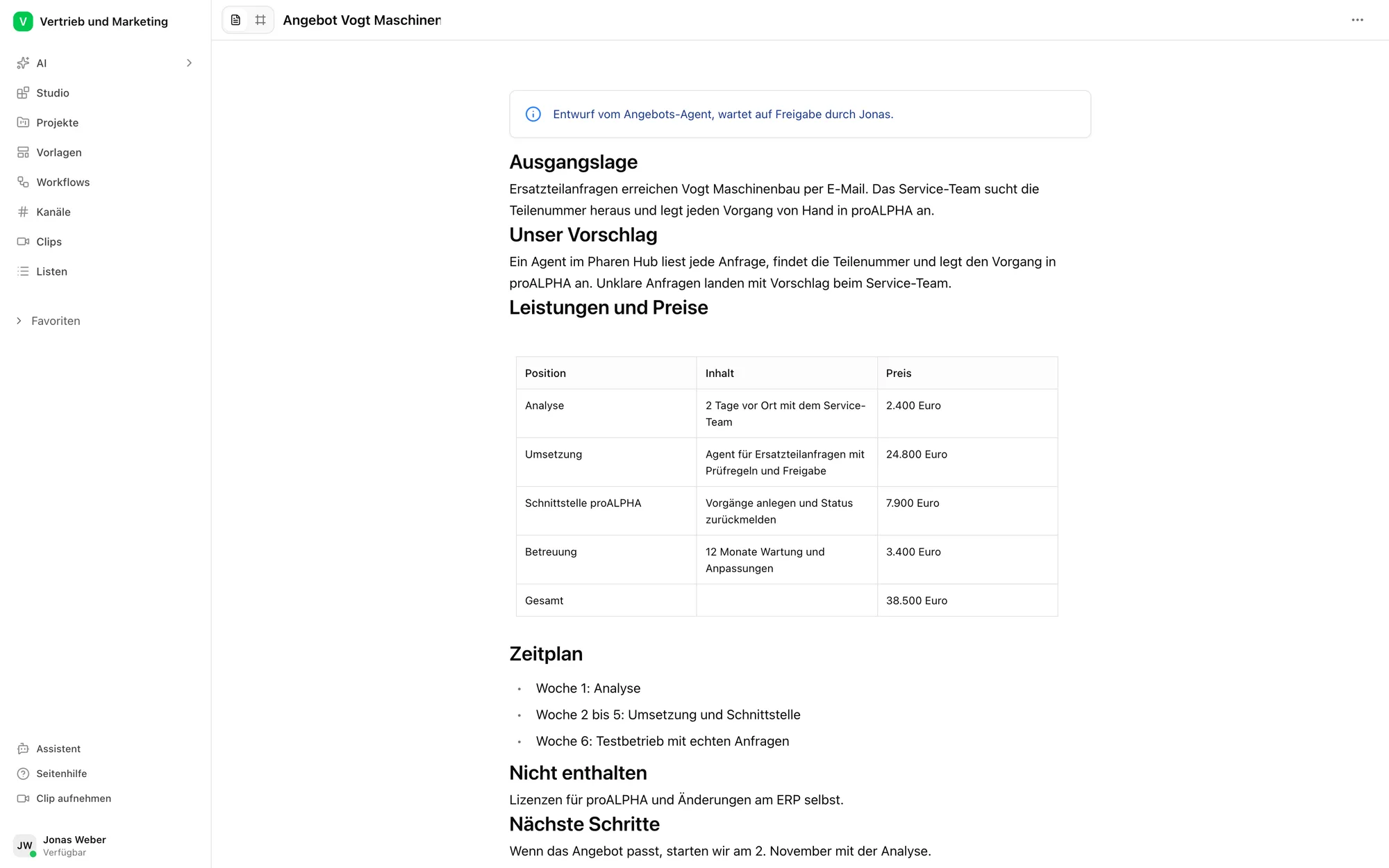 Angebotsentwurf als Dokument im Pharen Hub mit Ausgangslage, Vorschlag, Tabelle der Positionen und Preise, Zeitplan und Nicht enthalten.