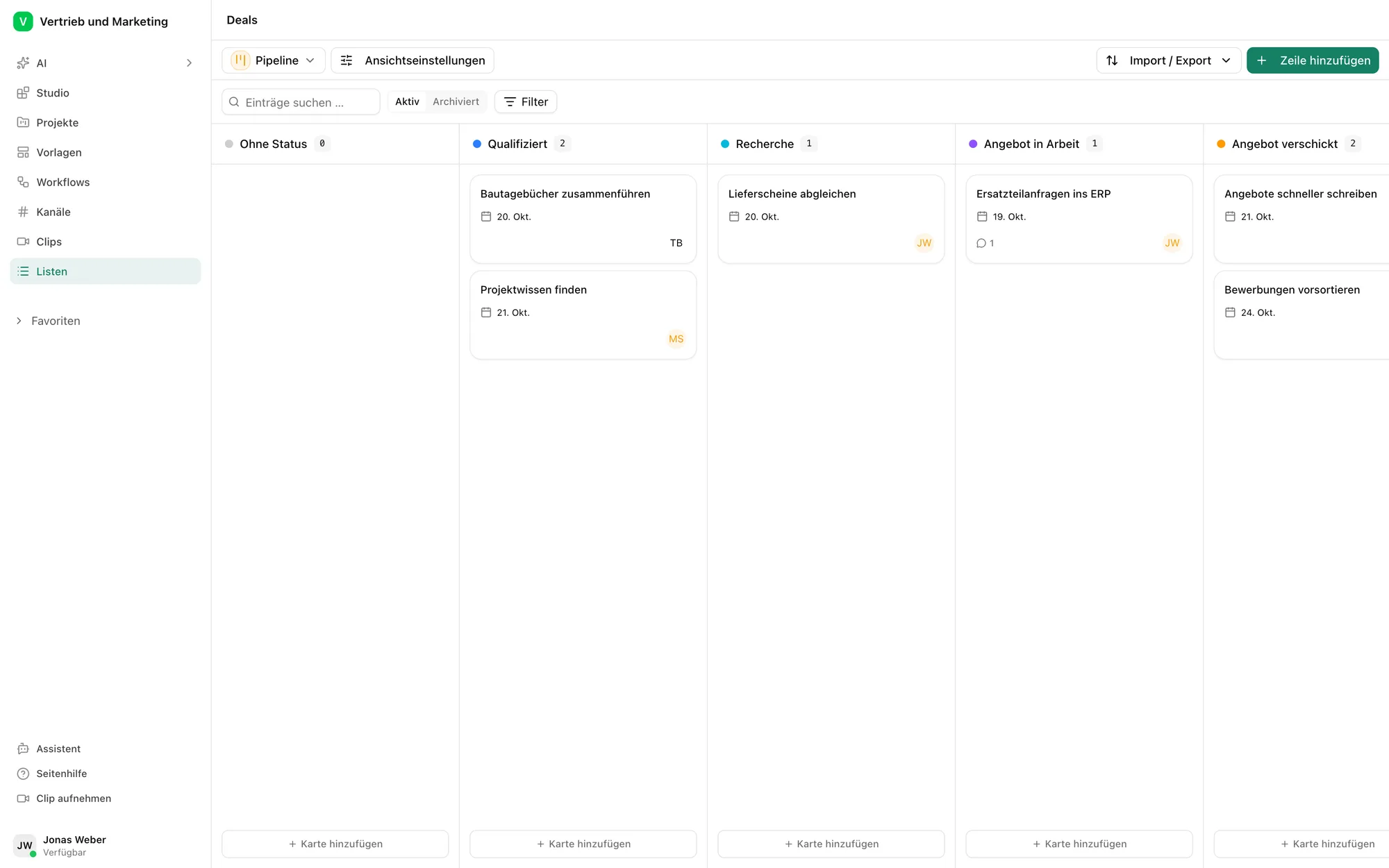 Angebotserstellung im Pharen Hub: die Pipeline der Deals mit den Phasen Qualifiziert, Recherche, Angebot in Arbeit und Angebot verschickt.