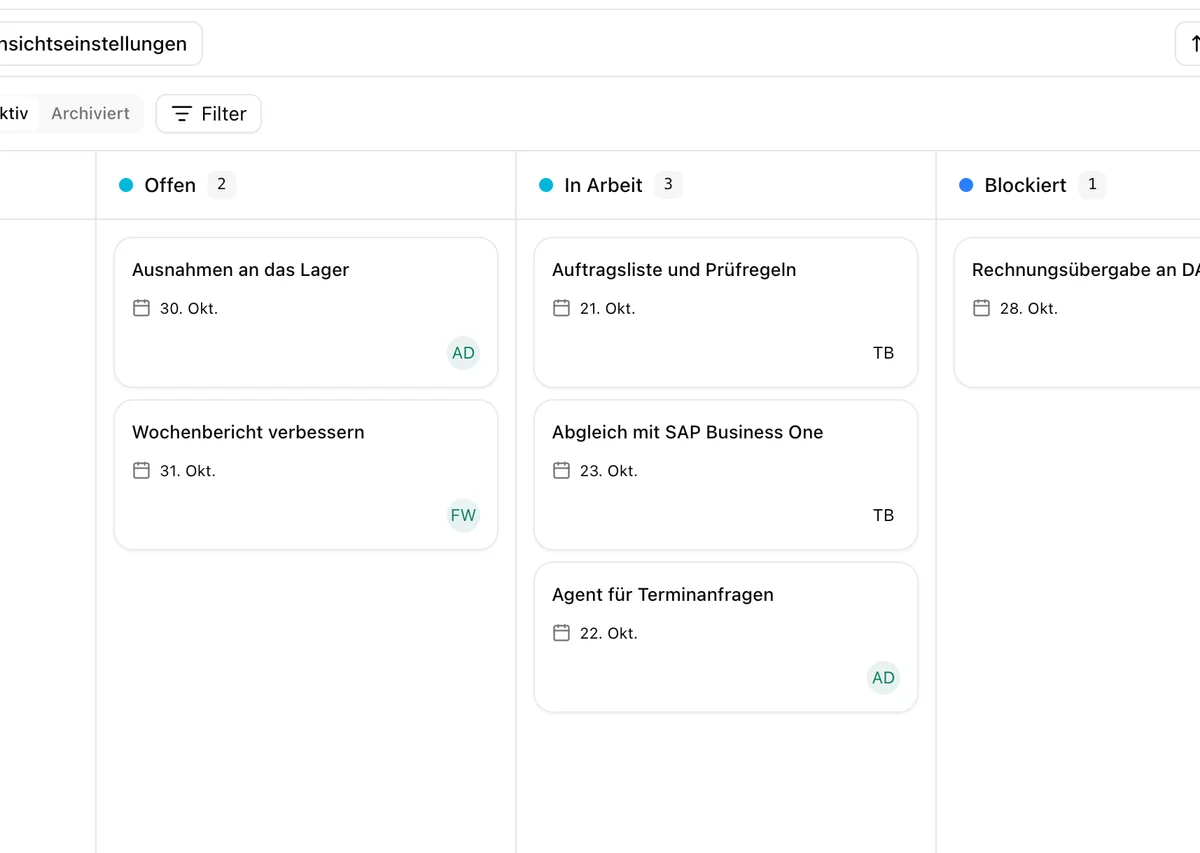 Board der Aufgaben im Pharen Hub mit den Spalten Offen, In Arbeit, Blockiert und Erledigt.