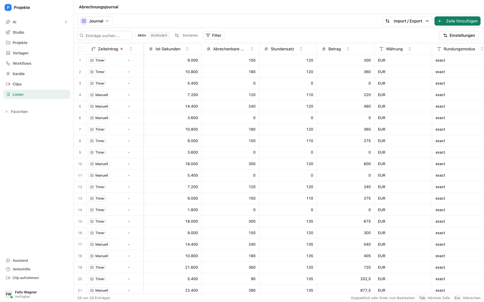Abrechnungsjournal im Pharen Hub mit Zeiteintrag, Sekunden, abrechenbaren Minuten, Stundensatz, Betrag und Währung.