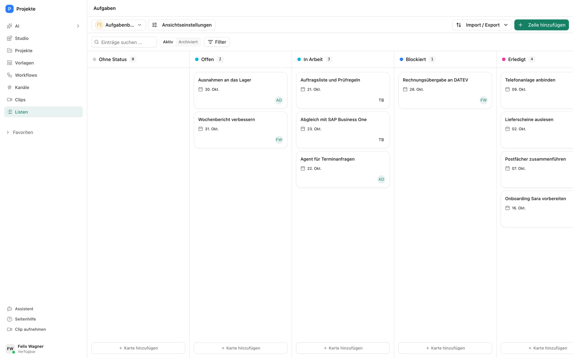 Board der Aufgaben im Pharen Hub mit den Spalten Offen, In Arbeit, Blockiert und Erledigt.