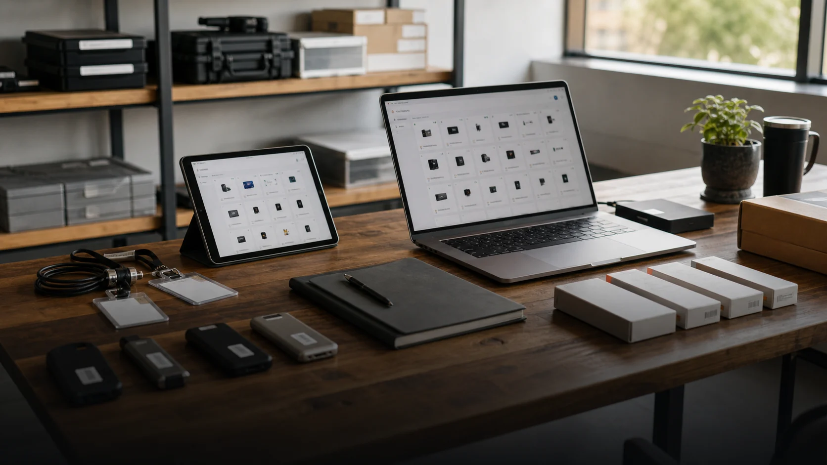 Arbeitsplatz mit Laptop, Tablet und geordneten Unternehmensgeräten für ein Asset-Inventar