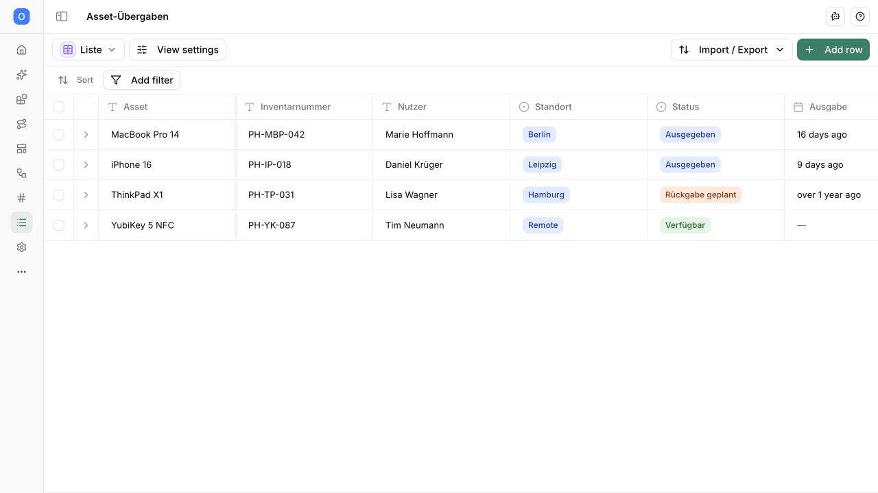 Pharen Hub Liste für Asset-Übergaben mit Inventarnummer, Nutzer, Standort, Status und Rückgabedatum