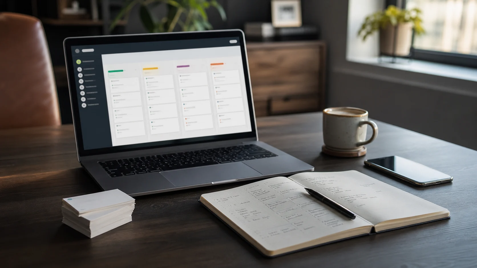 Laptop mit Lead-Pipeline, Notizbuch, Smartphone und Kontaktkarten auf einem Schreibtisch